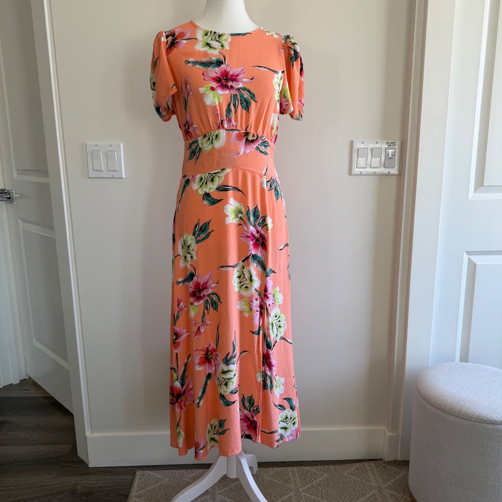 AFRM Floral Open Back Puff Sleeve Midi Dress Orange Womens Large Summer Boho